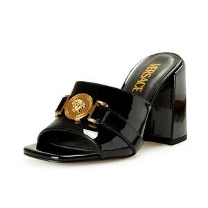 Versace Women's Black Patent Leather Gold Medusa Mules Sandals Shoes US 10 IT 40